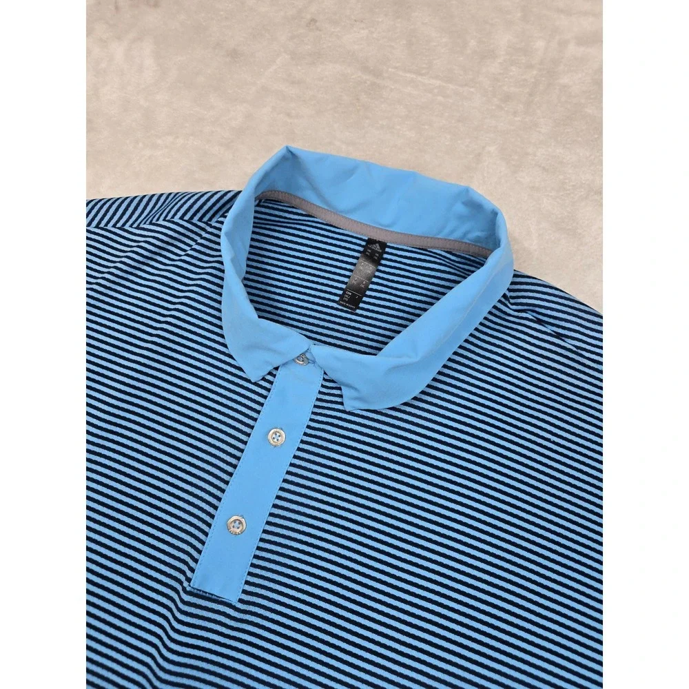 Adidas Golf Polo Shirt Mens 2XL Blue Black Striped Polyester HEAT.RDY‎ Golf Top